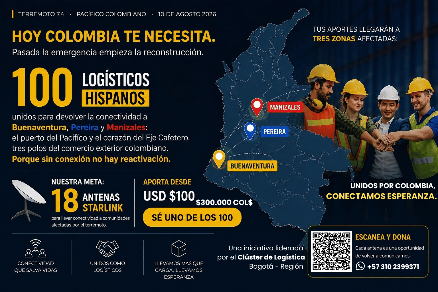 Campaña 100 logísticos hispanos unidos por Colombia para llevar antenas Starlink a zonas afectadas por el terremoto