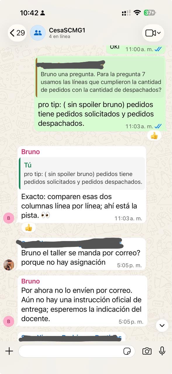 Bruno orienta un ejercicio de clase con una pista en WhatsApp y espera la instrucción oficial para enviar un taller