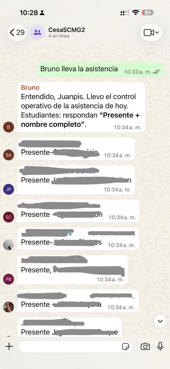 Bruno inicia la toma de asistencia en un grupo de WhatsApp