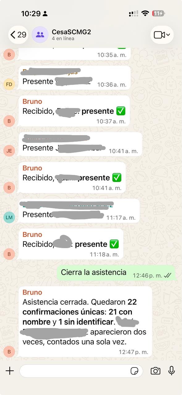 Bruno registra confirmaciones y cierra la asistencia con un resumen
