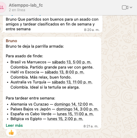 Captura de WhatsApp donde Bruno recomienda partidos para un asado y una tardeada durante el Mundial