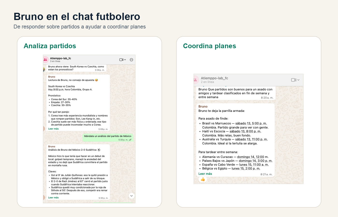 Collage de capturas donde Bruno analiza partidos y ayuda a coordinar planes en el chat futbolero