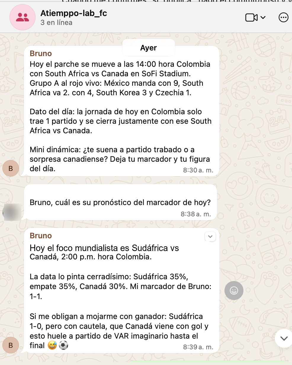 Captura anonimizada de WhatsApp donde Bruno responde una pregunta de pronóstico futbolero con porcentajes y marcador probable