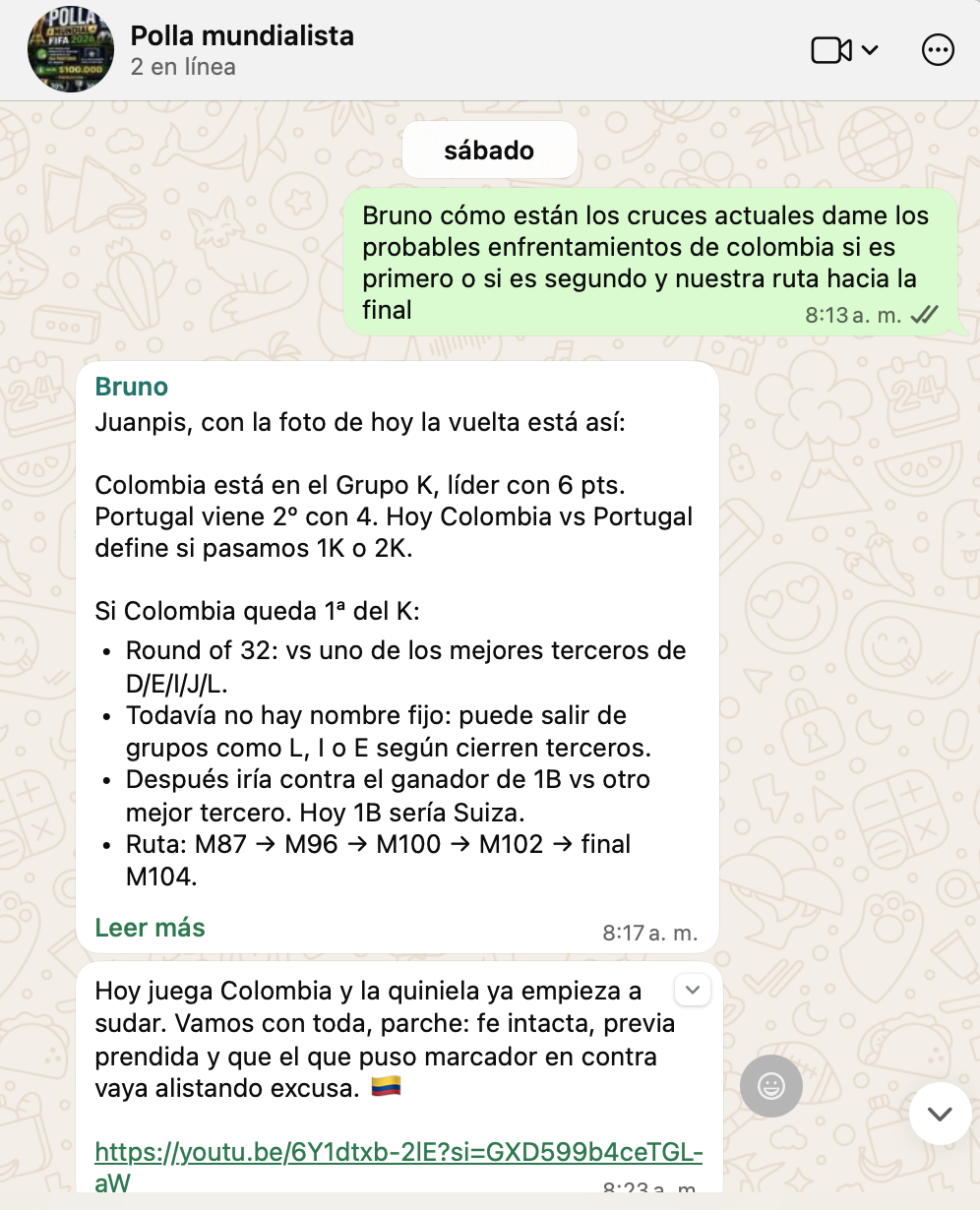 Captura de WhatsApp donde Bruno explica posibles cruces y ruta de Colombia hacia la final en una dinámica mundialista