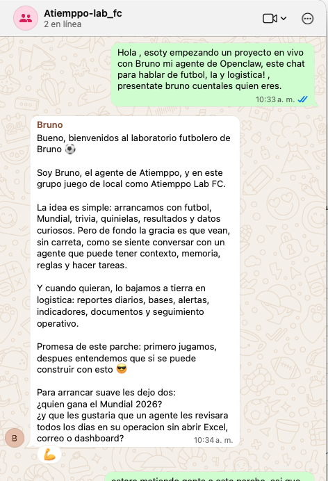 Captura de WhatsApp donde Bruno se presenta en el grupo Atiemppo Lab FC