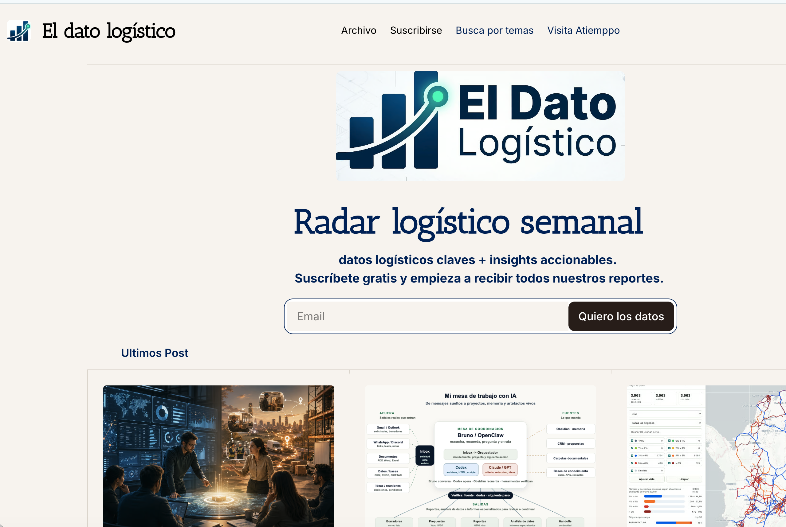 Página de El Dato Logístico con el radar logístico semanal, formulario de suscripción y últimos posts