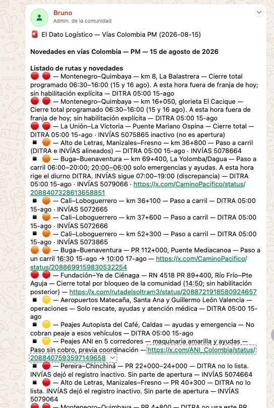 Corte PM de Novedades en Vías con listado de rutas, estados y fuentes