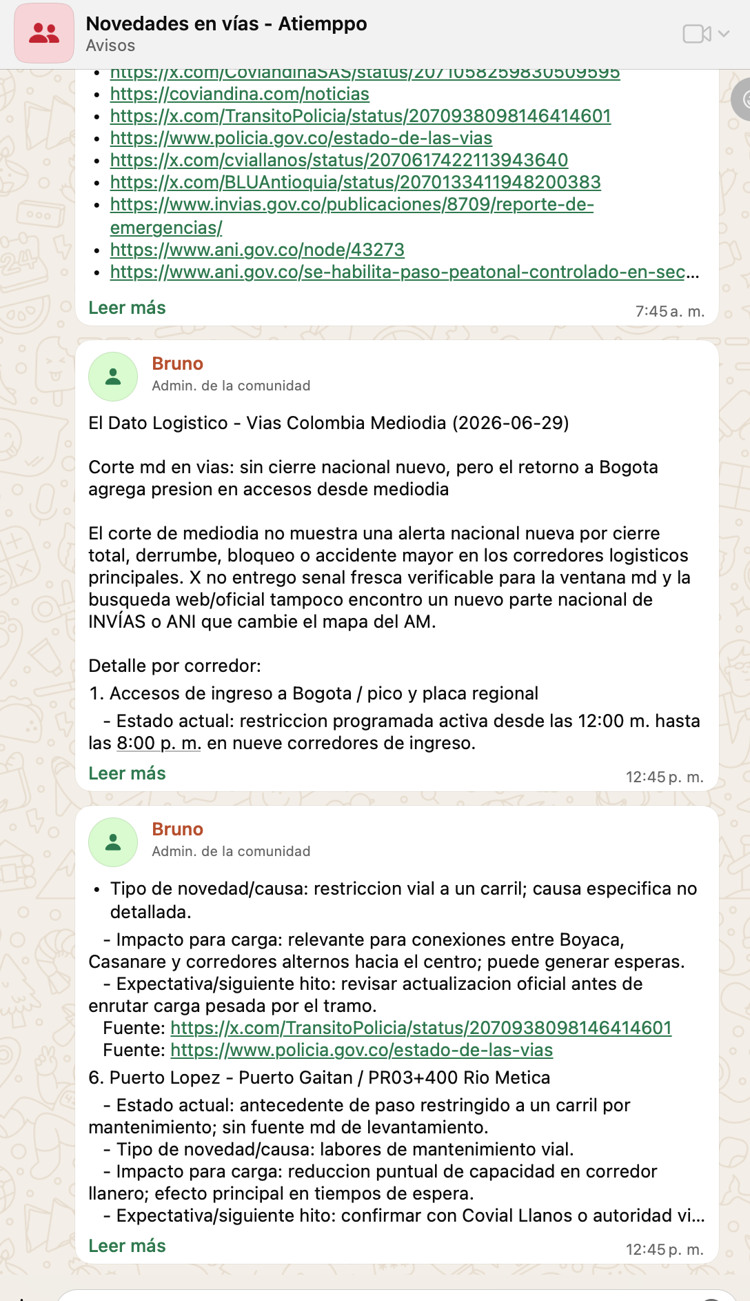 Captura del grupo de WhatsApp Novedades en vías - Atiemppo con reportes de Bruno sobre el corte de mediodía
