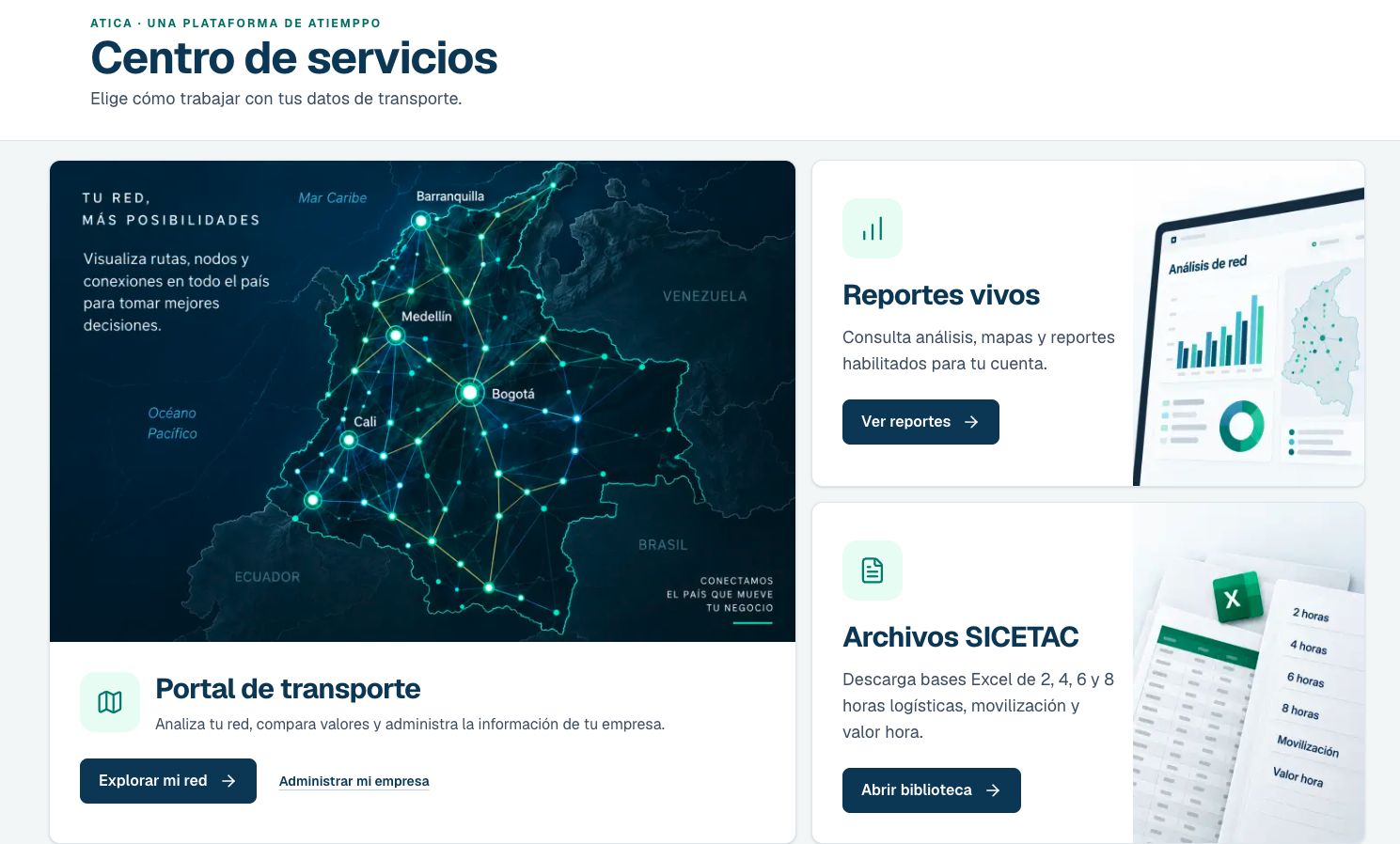 Centro de servicios ATICA con portal de transporte, reportes vivos y archivos SICETAC