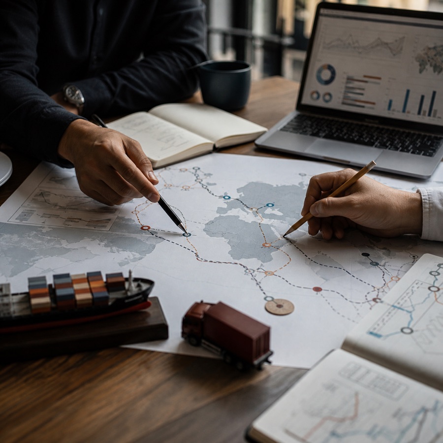 Equipo de trabajo analizando rutas y datos para orientar una decisión logística